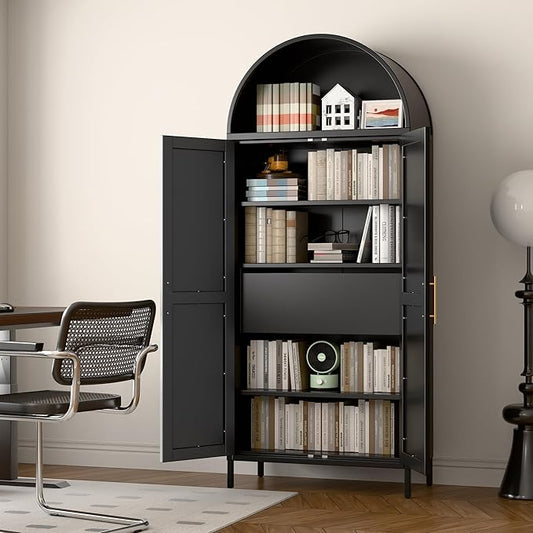 73'' Tall Metal Arched Cabinet, Modern Black Arch Bookshelf Display Cabinet with Doors/Shelves/Internal Drawers for Home Office Kitchen Bar Living Room
