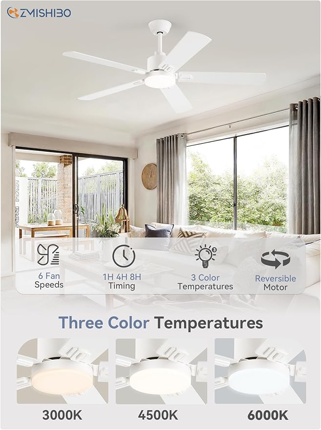 ZMISHIBO 2 Pack 52" Ceiling Fans with Lights, White Modern Ceiling Fan with Remote, Bedroom Indoor Ceiling Fan with Dual Finish Blades, Quiet & Strong Motor, Bright LED Light.