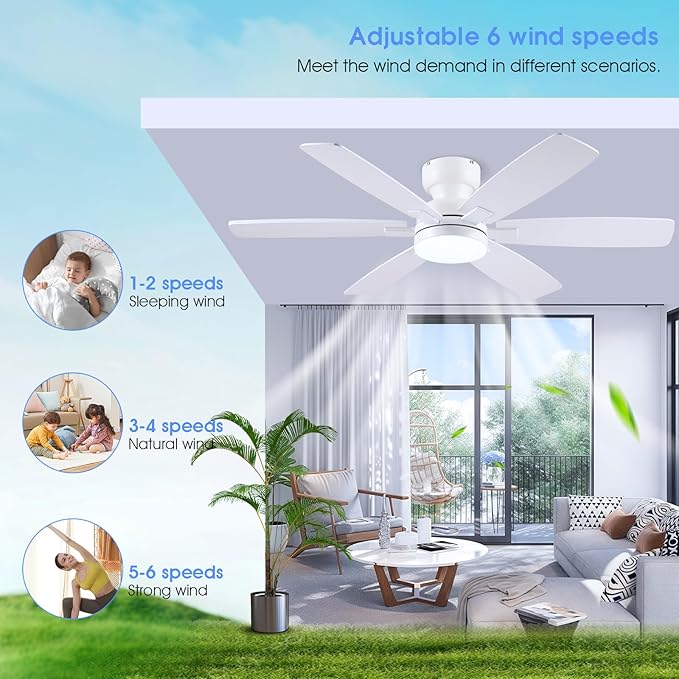 52" Ceiling Fans with Lights, Low Profile Ceiling Fan with Light and Remote/APP Control, Flush Mount Ceiling Fan with 6 Reversible Fan Blades, 3CCT, Dimmable, Quiet Motor for Kidsroom White