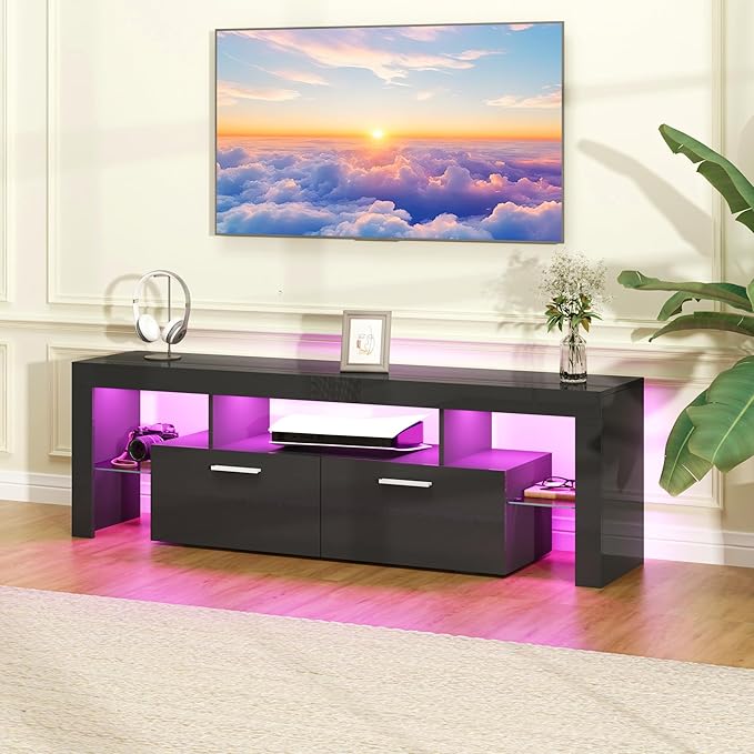 63 inch Modern High Gloss LED TV Stand with Storage for 40 50 55 60 65 70 inch TV, Gaming Entertainment Center, TV Cabinet with Glass Shelves for Living Room, Bedroom, Black