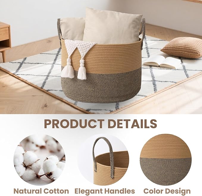 Woven Blanket Basket,115L Large Rope Storage Bin with Handles, Organizer for Blankets Toys Book and Clothes, Laundry Basket for Living Room Bedroom Nursery,Jute&amp;Black