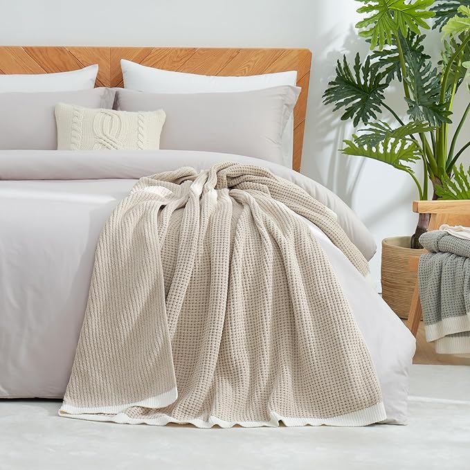 Amélie Home Waffle Throw Blanket for Couch Twin, Soft Cozy Chenille Knit Blanket Warm Decorative Throw for Sofa, Bed, Living Room, 60"x80", Beige