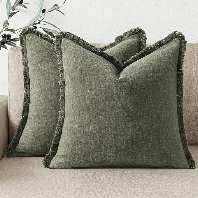 Woaboy Set of 2 Decorative Linen Fringe Throw Pillow Covers Boho Farmhouse Cushion Covers Accent Pillows with Tassels Christmas Home Decor for Livingroom Couch Sofa Bed,20x20 Inch,Light Olive Green