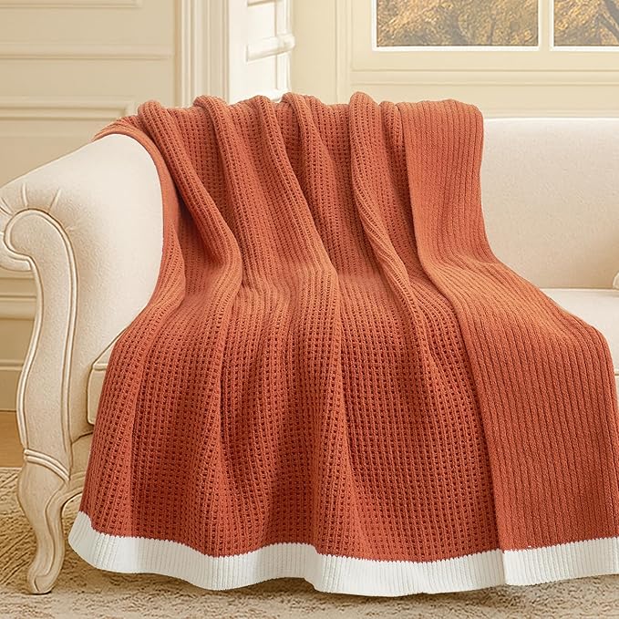 Amélie Home Waffle Throw Blanket for Couch, Soft Cozy Chenille Knit Blanket Warm Decorative Throw for Sofa, 50"x60", Burnt Orange