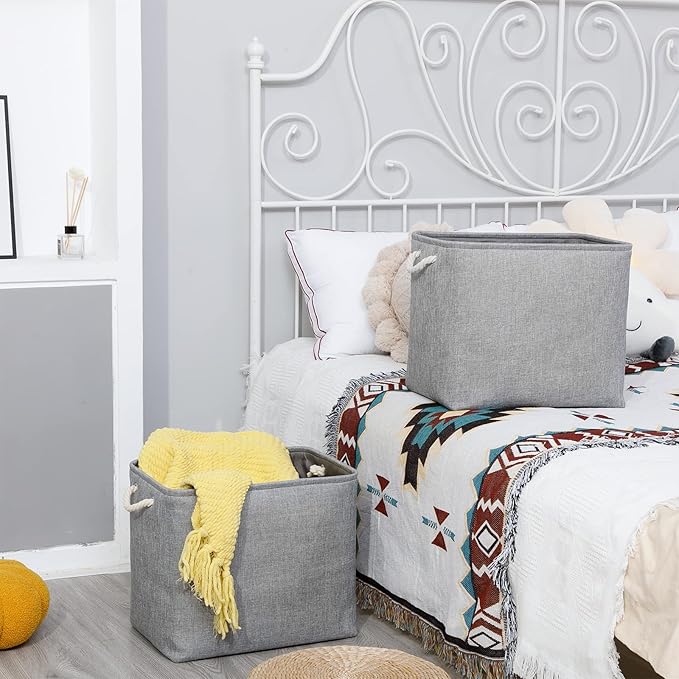 Bidtakay Collapsible Storage Bins for Clothes Large Gray Storage Baskets with Cotton Handles 17x12x15 In Set of 2 Fabric Cubby Storage Bins Livingroom Home Decorative Storage Organizer for Blankets