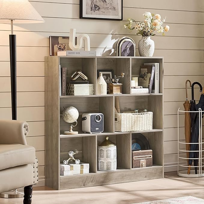 LEYAOYAO 8 Cube Bookshelf with Base,3 Tier Mid-Century Modern Gray Bookcase,Standing Wide Bookshelfs Storage Organizer Shelf,Rustic Wood Display Cabinet Book Shelves for Bedroom,Living Room,Office