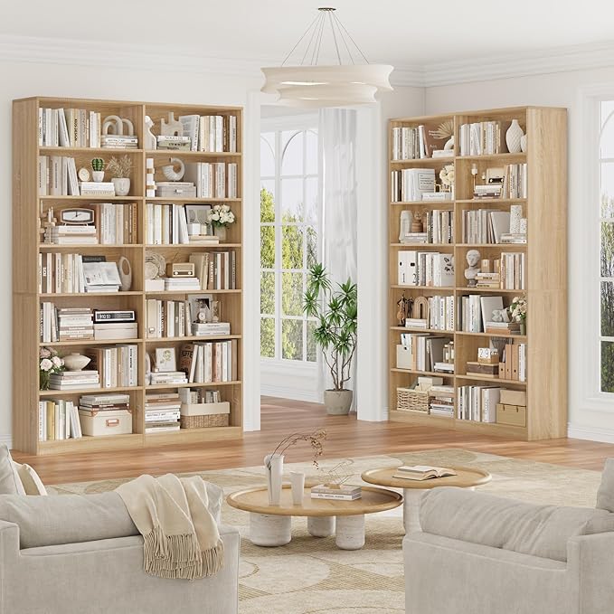 83.6" Tall Bookshelf and Bookcase, 7-Tier Extra Large Bookshelf with Double Storage, 14 Open Display Shelves for Home Office, Study and Living Room, Light Oak