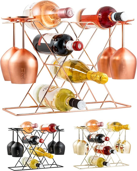Gusto Nostro Countertop Wine Rack with Glass Holder for 8 Bottles &amp; 4 Glasses, Small Modern Tabletop Wine Rack - No Assembly Wine Holder Stand for Home Kitchen Cabinet Wine Cellar Storage (Rose Gold)