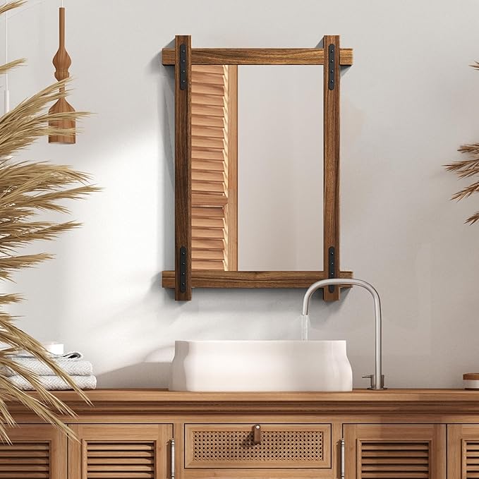 YOSHOOT Farmhouse Wood Bathroom Mirror, 48"x30" Rustic Wall Mirror, Round Corner Vanity Mirror for Decor, Vertical or Horizontal Hanging, Selected Wood, 100% Handmade