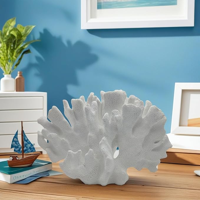 Coral Reef Decor Home Statue,Coastal Beach Nautical Decor,Aquarium、Desk、Bathroom、Room、Shelf Statue,Ocean Themed Gifts (D-White)