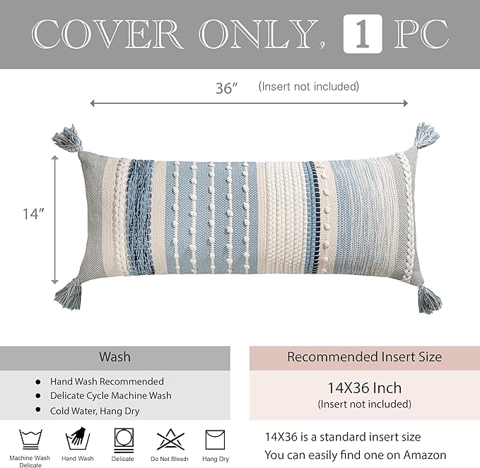 Coastal Blue Decorative Lumbar Pillow Cover 14x36 Boho Long Body Pillow for Bed Farmhouse Lumbar Throw Pillow for Couch Modern Accent Textured Throw Pillowcase
