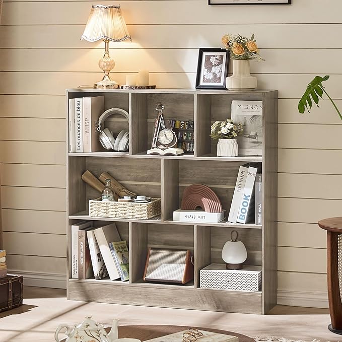 LEYAOYAO 8 Cube Bookshelf with Base,3 Tier Mid-Century Modern Gray Bookcase,Standing Wide Bookshelfs Storage Organizer Shelf,Rustic Wood Display Cabinet Book Shelves for Bedroom,Living Room,Office
