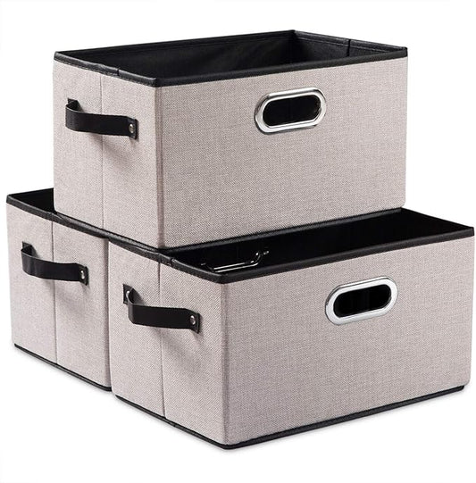 PRANDOM Large Fodable Storage Bins for Closet [3-pack] Decorative Linen Fabric Storage Bins Cubes with Leather/Metal Handles for Shelves Bedroom Living Room Light Gray (14.9x9.8x8.3 Inch)