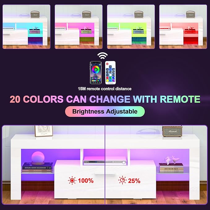 51 Inch White Modern High Gloss LED TV Stand with Storage for 45 50 55 inch TV, Gaming Entertainment Center with Storage Drawer and Glass Shelf, TV Console Table for Living Room,Bedroom