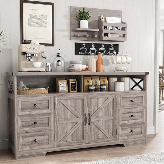 Maupvit 59" Buffet Cabinet with Storage, Farmhouse Sideboard Cabinet with 6 Drawers and Open Shelves, Adjustable Shelf, Large Coffee Bar Station Table for Kitchen, Dining, Living Room, Gray