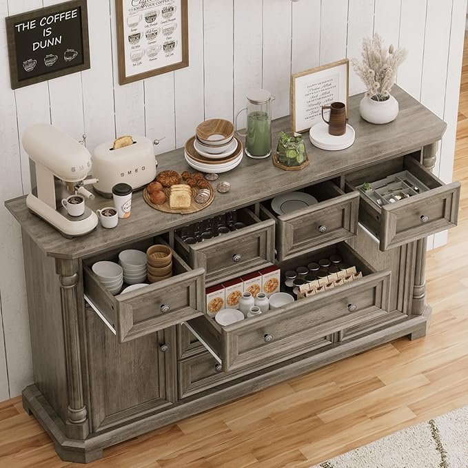 Yechen Buffet Cabinet with Drawers, 54" Large Sideboard Buffet Cabinet with 7 Drawers and 2 Doors, Farmhouse Solid Wood Sideboard for Kitchen, Living Room, Gray