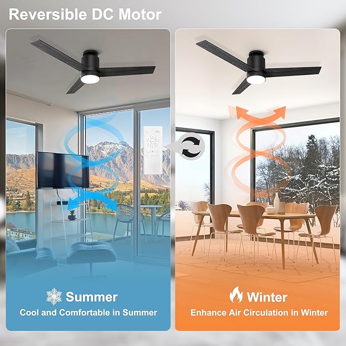 52'' Ceiling Fans with Lights Remote Control: Black Flush Mount Ceiling Fan for Bedroom - Quiet Low Profile Ceiling Fan 6 Speed ​​&amp; LED Light