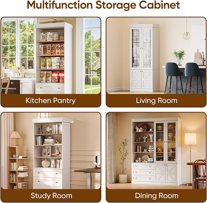 Vyre 71" Tall Farmhouse Kitchen Pantry, Set of 2 Large Storage Cabinets with Glass Doors, Adjustable Shelves, Wood Versatile Hutch Cabinet for Living Room, Dining Room