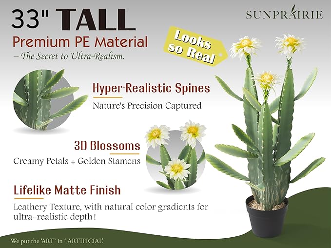 33 Inch Large Artificial Cactus with Lilly White Flowers in Pot with Natural Gravel. Satin Finish Leaves with Real Look and Feel. Outdoor and Indoor Faux Plants.