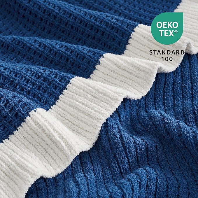 Amélie Home Waffle Throw Blanket for Couch, Soft Cozy Chenille Knit Blanket Warm Decorative Throw for Sofa, 50"x60", Indigo