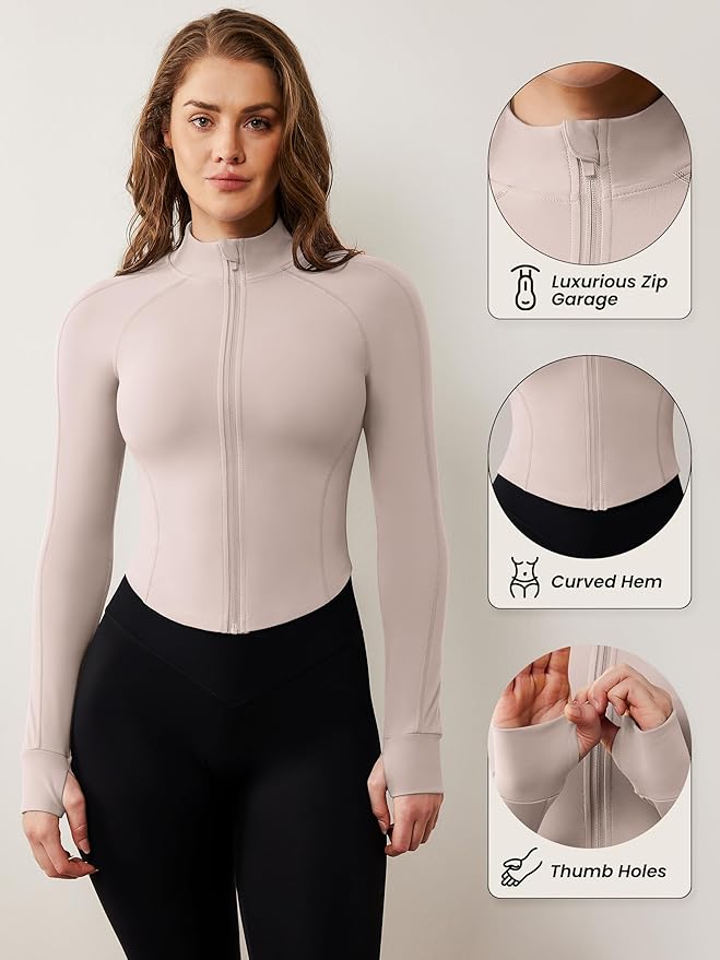 AVGO Women's Workout Jacket Lightweight Zip Up Cropped Yoga Jackets Slim Fit Athletic Tops with Thumb Holes