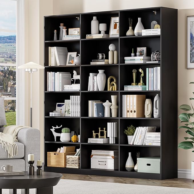 71.6” Tall Bookshelf, Black Bookcase with 18 Shelves, Triple Row Freestanding Display Storage Shelvesm, 6 Tier Wide Book Case for Bedroom Living Room Home Office