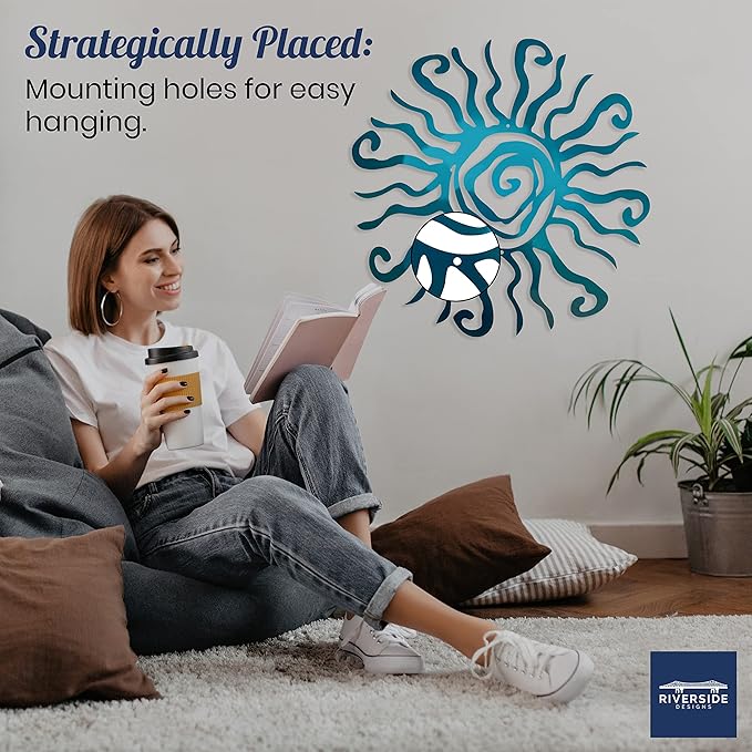 Riverside Designs Wacky Sun Metal Wall Art Indoor/Outdoor Decor - 36" Teal Rust Proof Wall Sculpture - Made in USA - Ideal for Bedroom, Garden, Home, Patio and Farmhouse