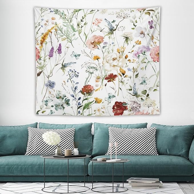 Kurtect Floral Tapestry,Colorful Watercolor Spring Flowers Botanical Theme Print Tapestries for Living Room Party Beach Picnic Blankets Tablecloths Wall Decor, 50x60 in