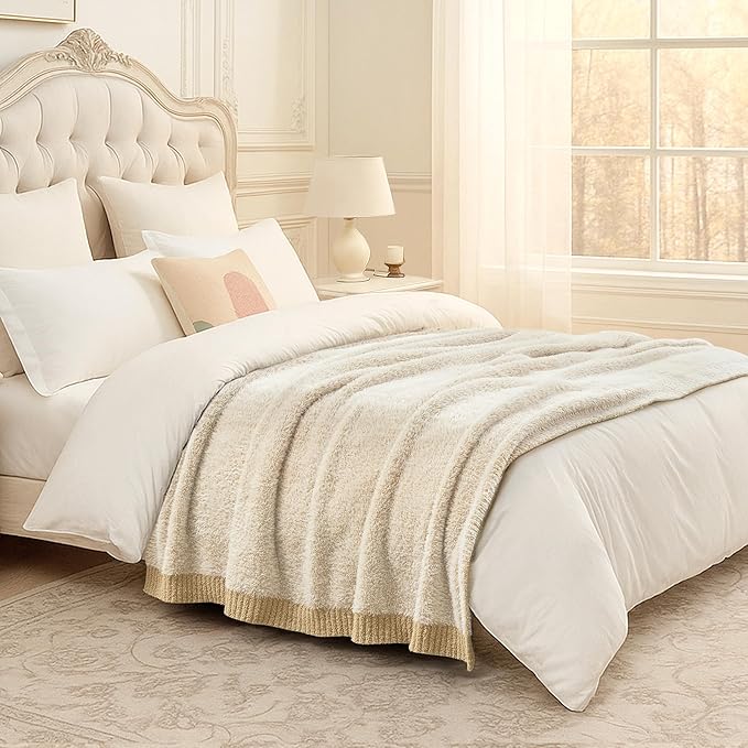 Amélie Home Knit Throw Blanket for Couch, Super Soft Cozy Fuzzy Plush Throws for Sofa, 50" x 60", Heather Beige