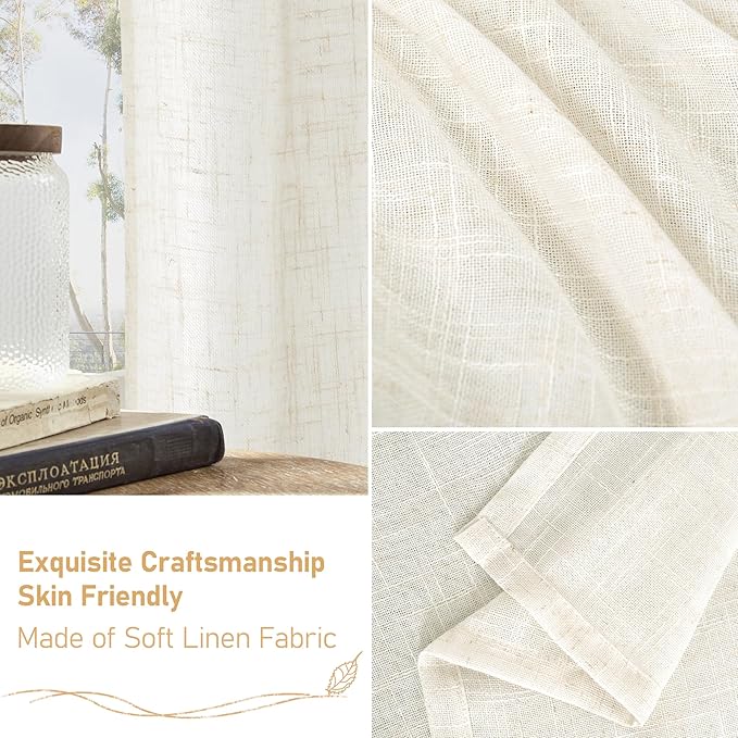 LAMIT Cream Linen Semi Sheer Curtains 45 Inch for Windows, Light Filtering Neutral Bedroom Curtains Farmhouse Boho Back Tab and Rod Pocket Decor Panels, 2 Panels, 52 x 45 Inch