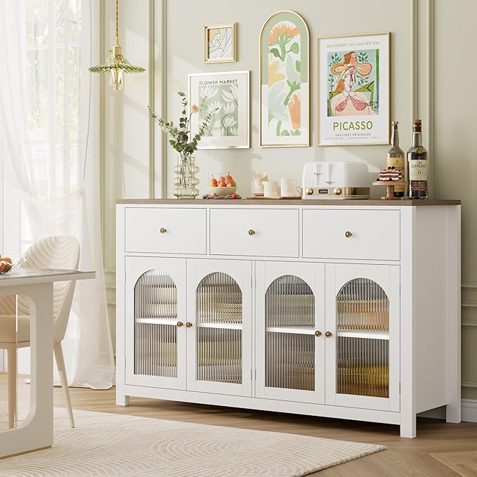 FINETONES Buffet Cabinet with Storage, 55.1" Large Sideboard Buffet Cabinet, Farmhouse Kitchen Cabinets with 3 Drawers and 4 Doors, Wood Coffee Bar for Kitchen Dining Room