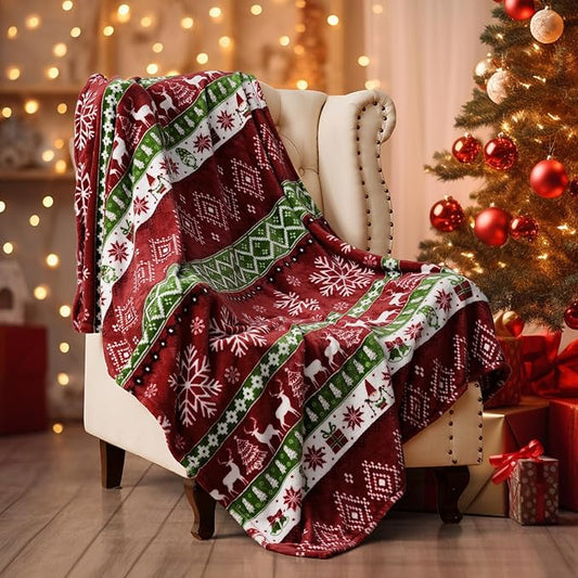 PHF Printed Fleece Throw Blanket, No Shed No Pilling Ultra Soft Plush Cozy Xmas Prints Theme Home Décor Flannel Blanket for Bed, Sofa, Couch and Gift, 50" x 60", Retro Christmas