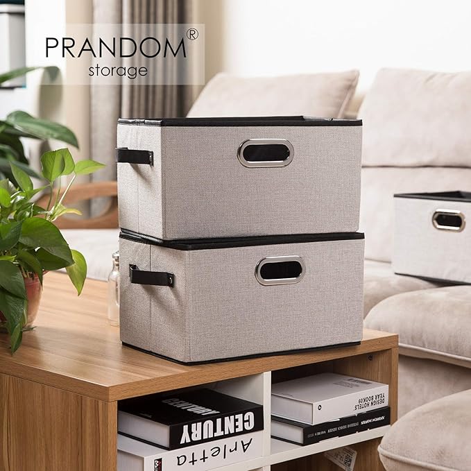 PRANDOM Large Fodable Storage Bins for Closet [5-pack] Decorative Linen Fabric Storage Bins Cubes with Leather/Metal Handles for Shelves Bedroom Living Room Light Gray (14.9x9.8x8.3 Inch)