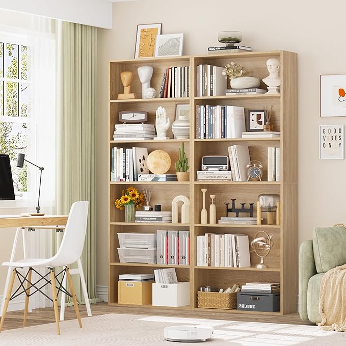 FOTOSOK 6-Tier Open Bookcase and Bookshelf, Freestanding Display Storage Shelves Tall Bookshelf Bookcase for Bedroom, Living Room and Office, Light Oak