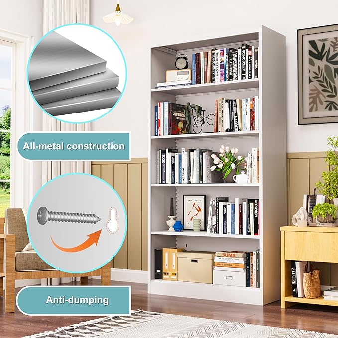 Book Shelf,5 Tier Metal Bookshelfs,66" Tall Free Standing Bookcase with Adjustable Storage Shelves, Large Bearing Bookcase for Bedroom Living Room Home Office,White Bookshelf