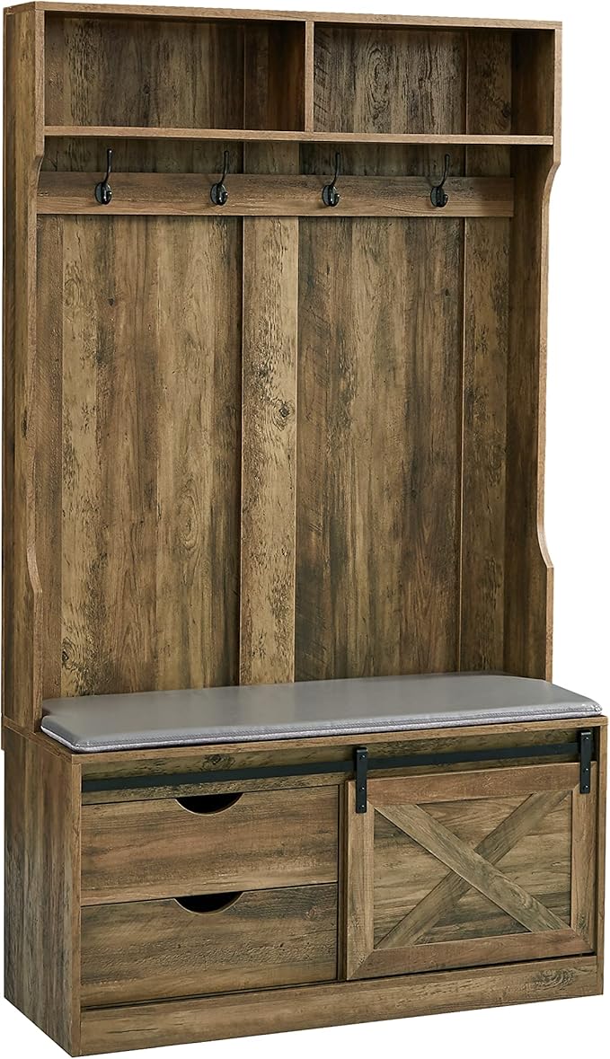 Hall Tree with Storage, Coat Rack with Shoe Storage, 6-in-1 Farmhouse Hall Tree with Hooks, Shoe Racks with Coat Rack for Entryway, Hallway, Walnut