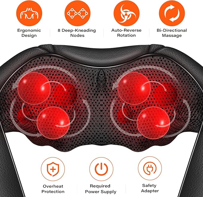 Shiatsu Neck Massager, Electric Neck and Back Massager with Heat, 3D Kneading Massage Pillow for Back, Shoulder, Muscle Pain Relief, Office & Home & Car Use, Fits for Parents