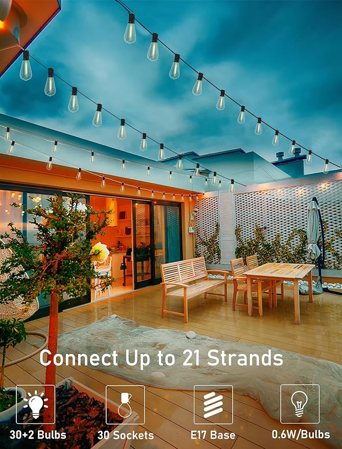 Abeja ST40 45Ft String Light with 30 LED Vintage Light Bulbs(2 Spare), E17 Scoket Base, ST40 LED Patio String Lights UL Listed for Patio Backyard Garden Bistro Porch String Lights, Black