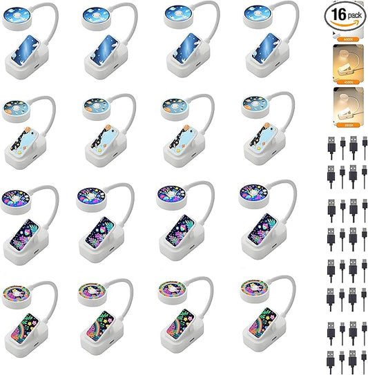 16 Pack Rechargeable Cute Book Lights Bulk for Reading in Bed,3 Color,Adjustable Brightness,Clip on to Book Lights for Reading at Night，Great Gifts for Kids，Book Lovers，Readers