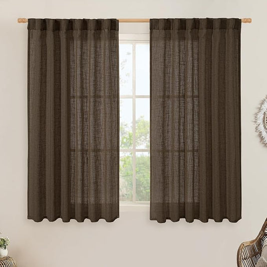 LAMIT Semi Sheer Linen Curtains 45 Inches Long, Light Filtering Panels Back Tab and Rod Pocket Neutral Drapes for Kitchen/Window/Bedroom, Dark Brown, 2 Panels, 52 x 45 Inch