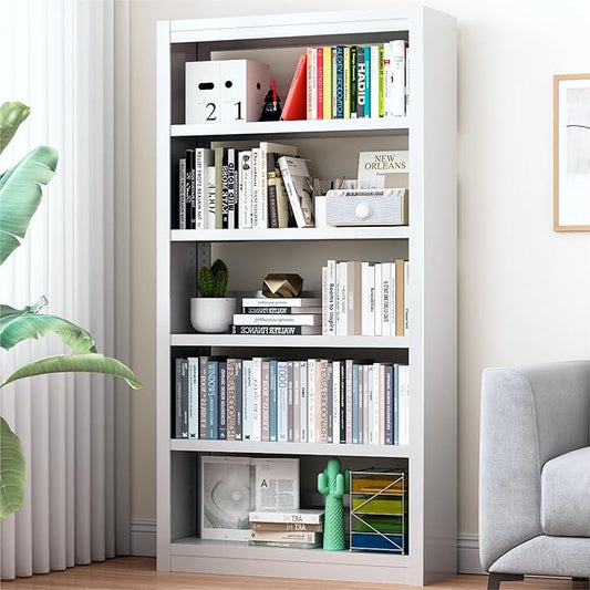 5-Tier Metal Book Shelf, 69” Tall Bookshelf with Adjustable Storsge Shelves, Library Bookcase with Book Stopper, Modern White Bookshelf for Living Room, Office, Bedroom