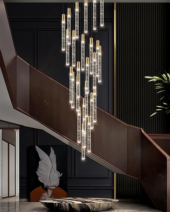 14.7 Foot High Ceiling Chandelier for Entryway Modern Crystal Lights for Living Room Foyer Flush Mount Sloping Ceiling Pendant Light Fixture Remote Dimmable 28-Lights Gold