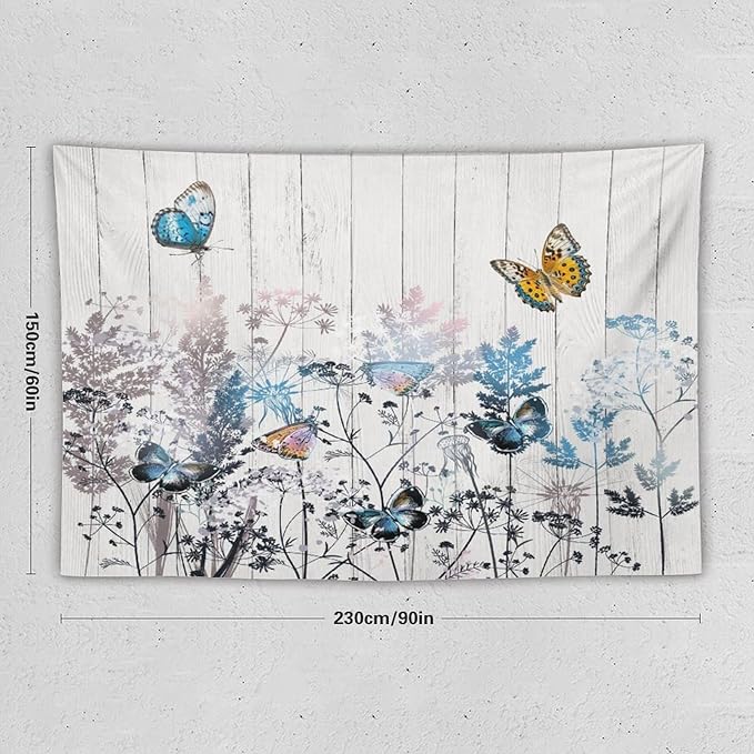 Nature Dandelion Tapestry,Rustic Floral Wood Plank Butterfly Theme Print Tapestries for Living Room Party Beach Picnic Blankets Tablecloths Wall Decor, 60x90 in