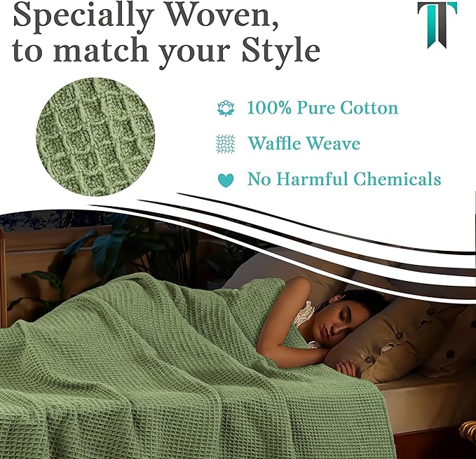 Tex Trend Waffle Blanket – 100% Cotton Blankets Queen Size – Breathable and Soft for Summer Spring – Suitable for Bed Layering, Sofa & Couch - Sage Green (90”x90”)