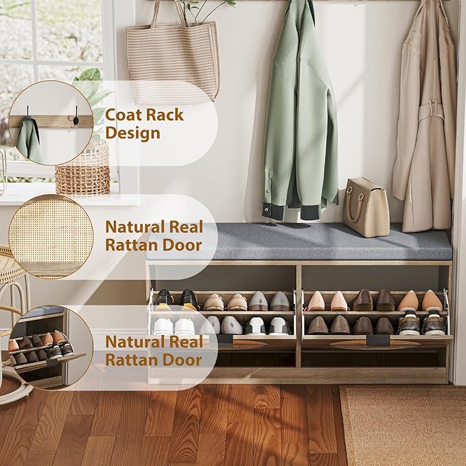 Rattan Storage Bench with Cushion &amp; Coat Rack, Shoe Rack with 2 Flip Drawers, Narrow Shoe Storage Cabinet, Shoe Bench for Entryway, Living Room, Rustic Oak, Round