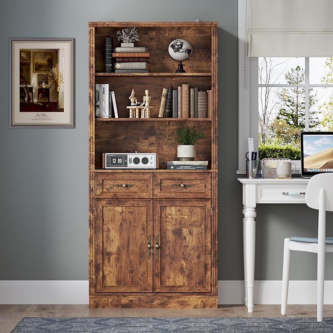 71.4" Tall Bookshelf with Drawers &amp; Cabinet, 5-Tier Floor Standing Bookcase with Storage Doors, Adjustable Shelves &amp; Metal Handles, 31.5" Wide Organizer for Home Office, Living Room