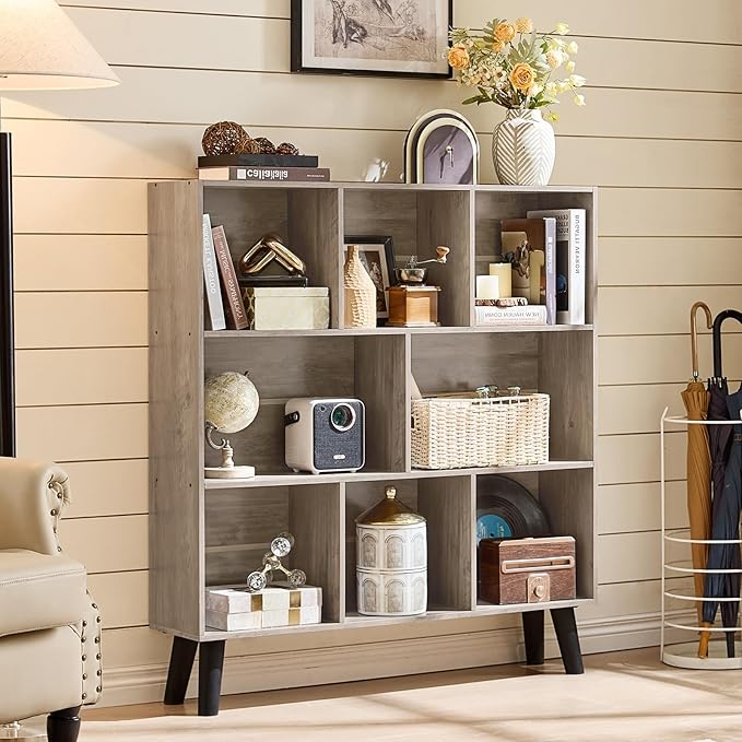 LEYAOYAO 8 Cube Bookshelf,3 Tier Bookcase with Legs,Modern Gray Mid-Century Bookshelfs,Large Farmhouse Open Storage Organizer Shelf, Retro Wooden Display Book Case for Bedroom,Living Room,Office