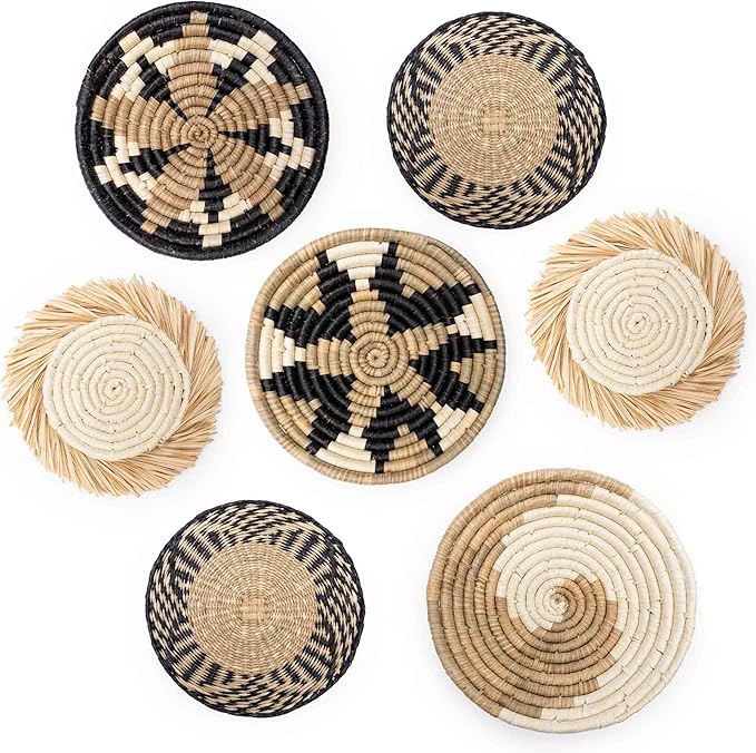 Hanging Woven Wall Basket Set - 7 Unique Handcrafted Seagrass Baskets for Boho, Farmhouse &amp; Rustic Wall Decor, Table Settings &amp; More - Ready to Hang with Nails &amp; Marking Pencil Included