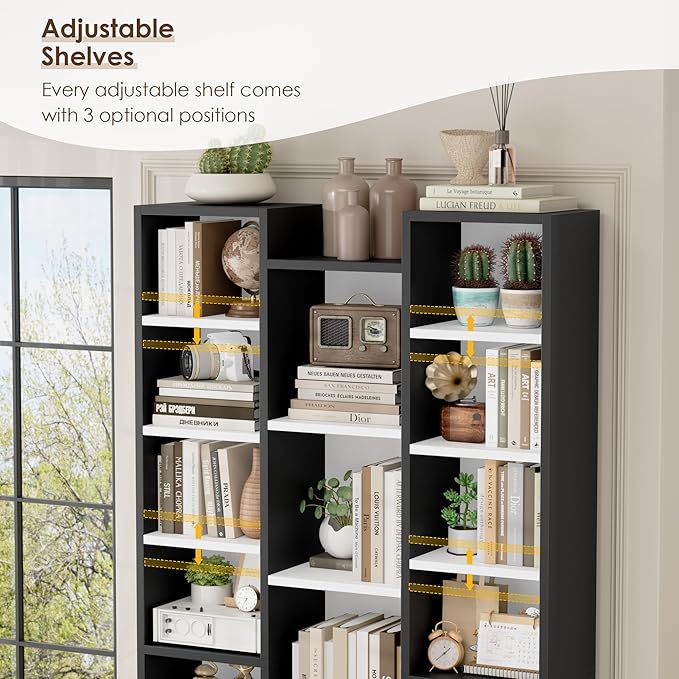 FOTOSOK 71'' Tall Bookshelf, Triple Wide Bookshelf with Adjustable Shelves, 8 Tier Media CD DVD Storage Tower Rack, Diaplay Cabinet Shelf, Cube Storage Organizer Shelf for Home Office, White/Black
