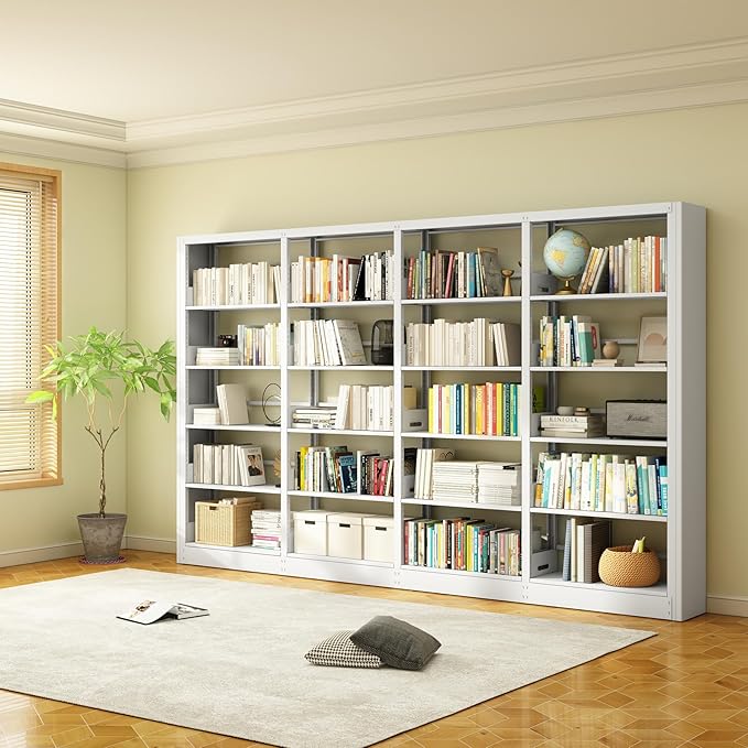 Industrial 5-Tier White Metal Bookshelf - Tall Freestanding Organizer for Living Room, Bedroom &amp; Home Office